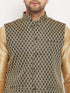 Vastramay Men's Black Ethnic Jacket With Rose Gold Silk Blend Kurta and Pant Style Pyjama Set